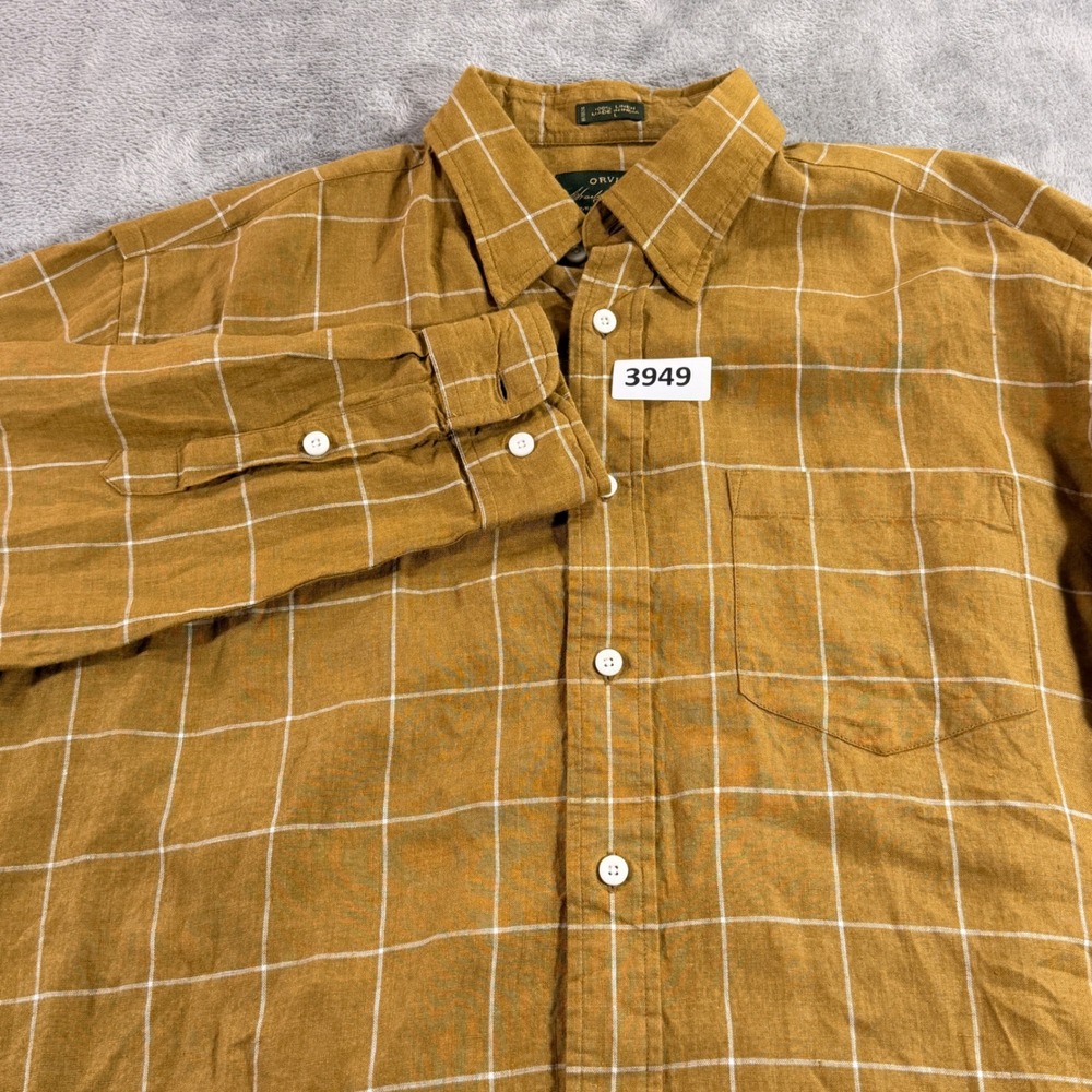 Orvis Button Down Shirt Mens L Yellow Windowpane 100% Linen Signature Collection